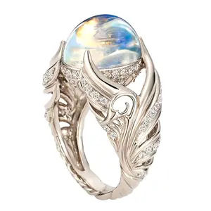 Explorinox Women's Elegant Wing Design Ring with Faux Moonstone & Rhinestone Inlaid for Wedding Party Banquet Dating Gift