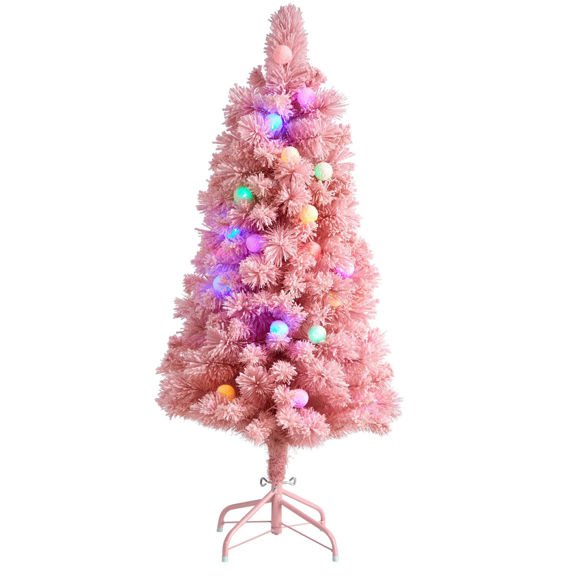 4ft Frosted Blush Pink Synthetic Cashmere-Like Standing Christmas Tree - 30 Jumbo Globe Glow Colorful Lights, 30-Light Sparkle Ornaments, Bendable Holiday Decoration for Home Parties