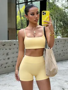 Women's Solid Color Cami Yoga Set, Square Neck Spaghetti Strap Crop Top with High Waist Tight Shorts, High Stretch & Skin-Friendly for Gym, Running & Cycling， daily outdoor wear，gym outfits