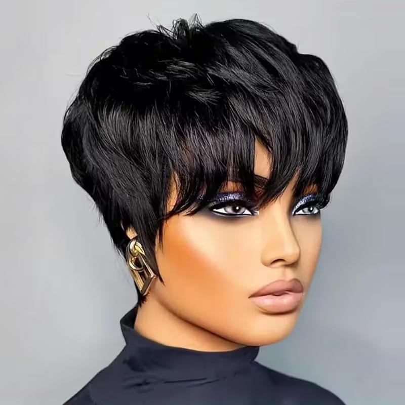 OPQHAIR Chic 6-Inch Black Pixie Cut Straight Wig with Bangs Rose Mesh Hat, Easy To Wear, Suitable For Daily Wear Women' Glueless Short Pixie Wig