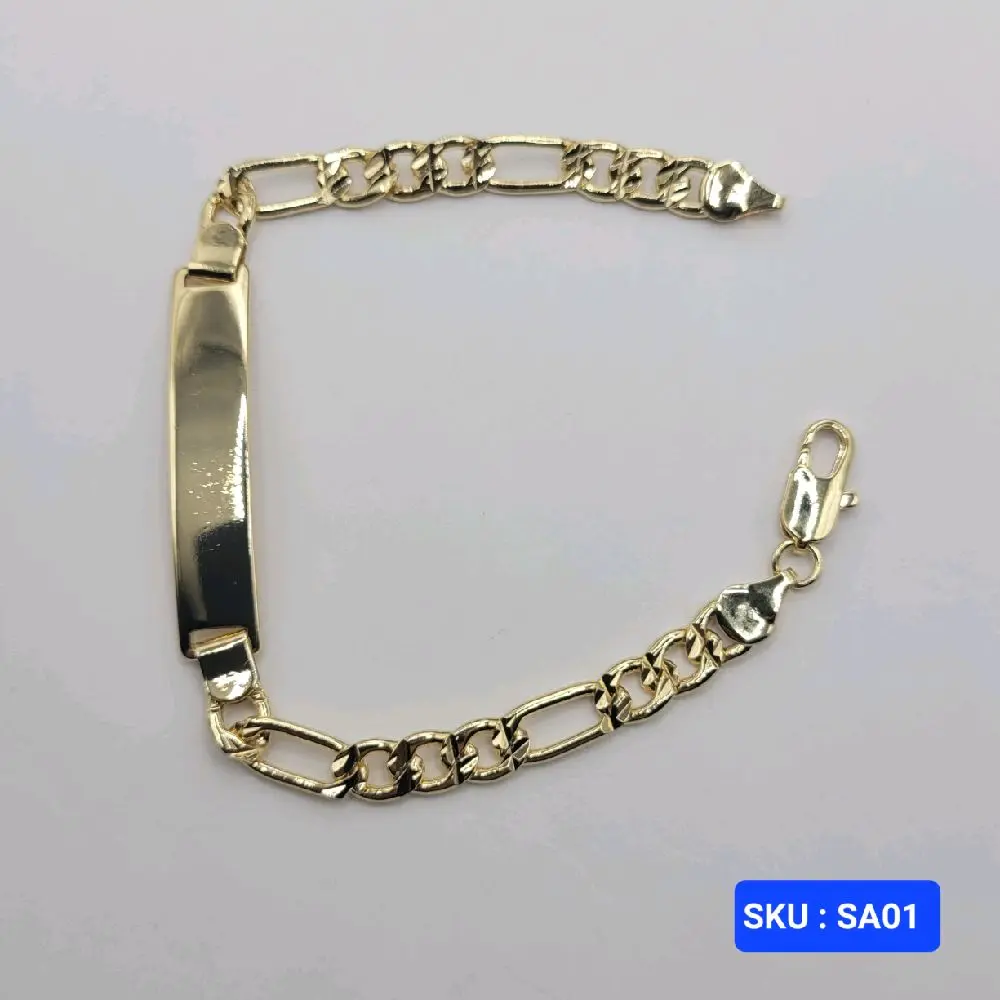 Bracelet Figaro Style Laminated Gold Teenager or Adult Size 7.5 Inches 6 millimeters chain 8 millimeters plate No Engraving Chain Jewelry for Teens and Adults Adjustable Size Classic Design Elegant Fashionable Accessory.                    No Engraving.