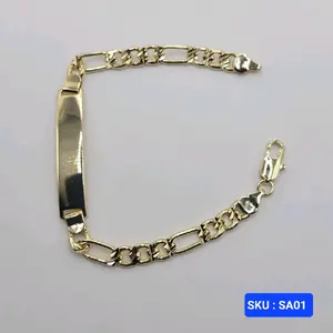 Bracelet Figaro Style Laminated Gold Teenager or Adult Size 7.5 Inches 6 millimeters chain 8 millimeters plate No Engraving Chain Jewelry for Teens and Adults Adjustable Size Classic Design Elegant Fashionable Accessory.                    No Engraving.