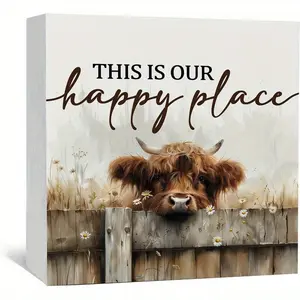 Farmhouse Highland Cow Wooden Box Signs, Highland Cow Decorations, Western Home Room Decor, Home Office Decor, Rustic Farmhouse Design, Rustic This Is Our Happy Place Wood Decoration Desk Signage Decoration Home Decor for Desk Table Shelf 5x5 Inch