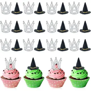 24 Pcs Witch Hat and Crown Cake Topper,Wicked Cake Topper and Wicked Cupcake Toppers,For Party, Birthday Cake, Craft Decoration