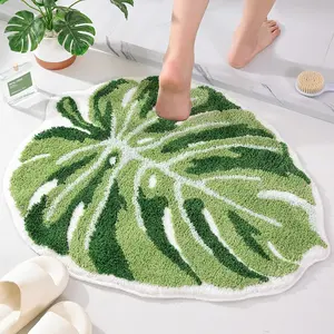 Green Leaf Mat, Large Monstera Cute Non Slip Palm Shaped Plush Fun Kitchen, Bathroom Bathtub Rugs Machine Washable
