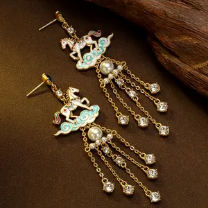 Vintage Chinese Pegasus Cloud Earrings | Tassel Pearl Statement Jewelry