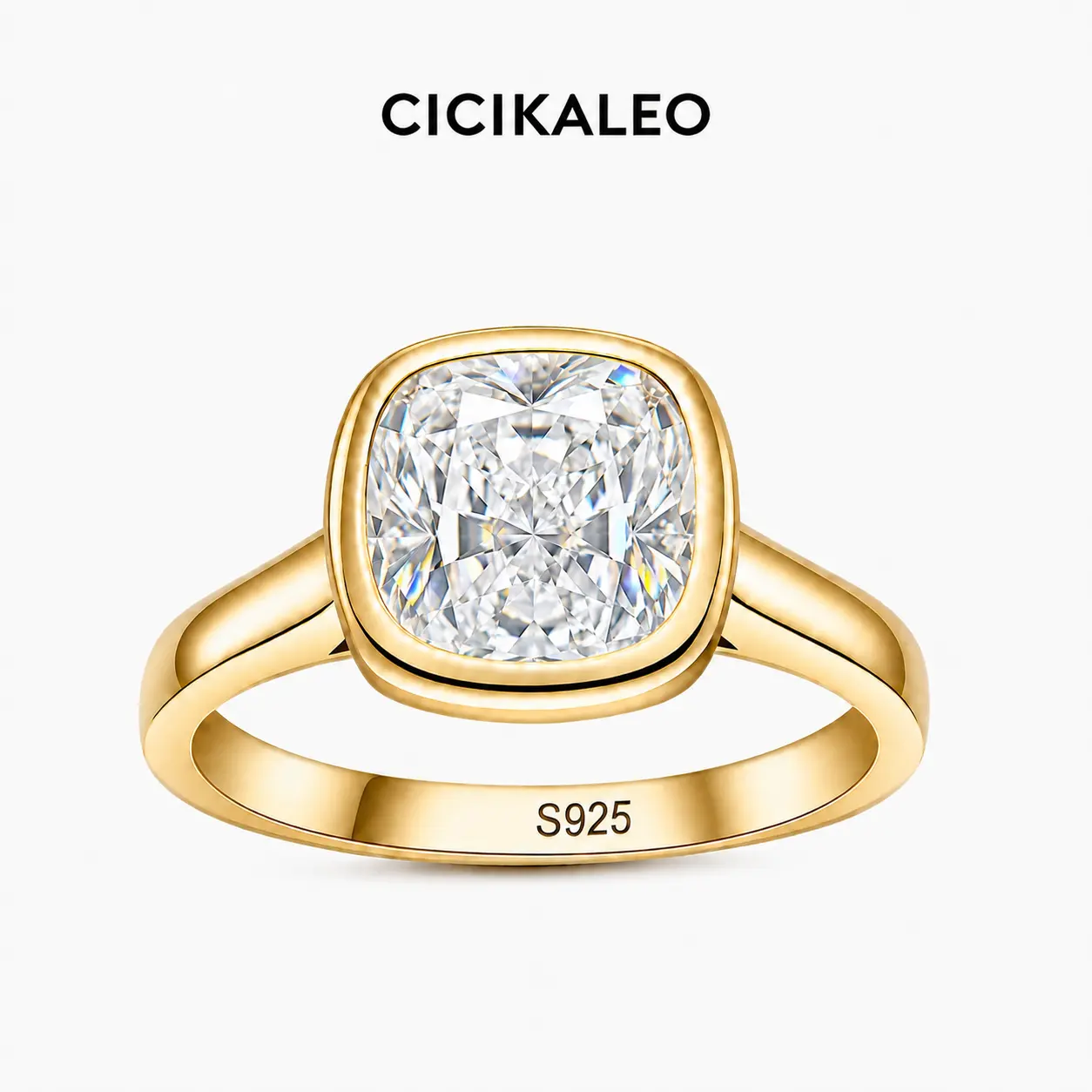 CICIKALEO 14K Gold Plated 2.5CT Cushion Cut Cocktail Rings Solid 925 Sterling Silver Cubic Zirconia Simulated Diamond Engagement and Promise Ring for Women bezel setting