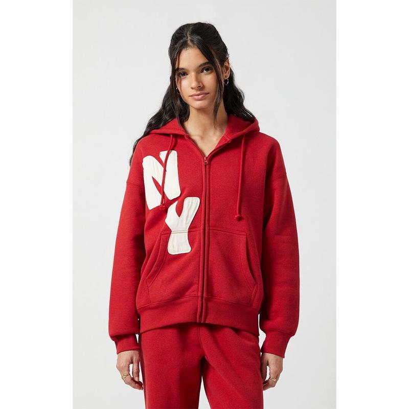 Pacsun Women's Red Big NY Applique Zip Up Hoodie
