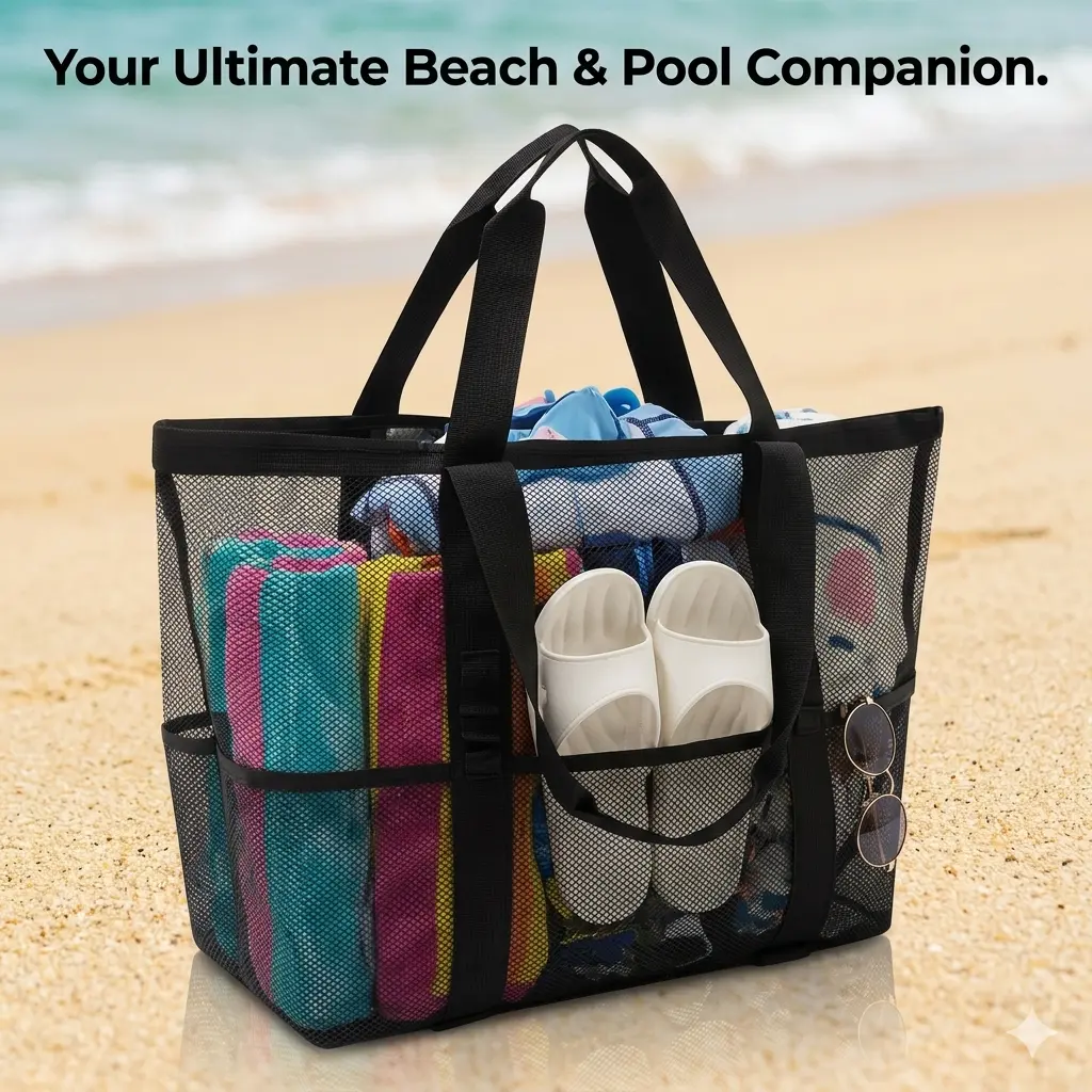 Extra Large Mesh Beach Bag for Women Men, Oversized Pool Tote with 9 Pockets, Family Sandproof Quick Dry Swim Gym Travel Bag, Collapsible Carry-on Shoulder Bag Organiser