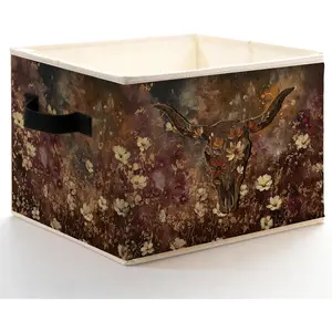 Boho Floral Bull Skull Bins Box with Handles, Rustic Vintage Southwestern Cow Head Foldable Basket for Bedroom Home Clothes Toys Books