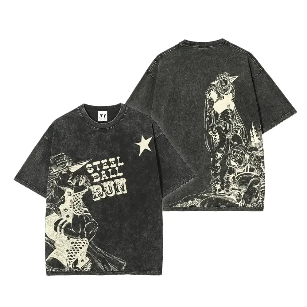 Men's JJBA Part 7 Steel Ball Run Acid Wash Round Neck Rib Short-Sleeve Pre-Washed Soft Cotton T-Shirt - Unisex Oversized Anime Apparel Featuring Johnny Joestar, Gyro Zeppeli Retro Vintage Menswear Tshirt