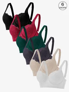 6 pieces women's lace one-piece lingerie bra with underwire, non-removable padding, soft, breathable, comfortable, suitable for daily casual wear, adjustable straps with a beautiful back, yoga and sports women's bra, Underwire bras Bra Pack
