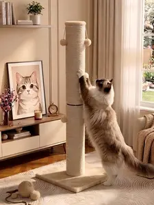 Aesthetic Cream Cat Scratching Post, Extra Tall Modern Sisal Cat Scratcher with Hanging Toys, Minimalist Beige Cat Furniture for Large & Adult Cats