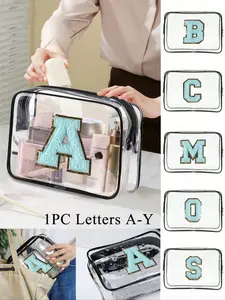 Transparent Pvc Portable Storage Bag, Makeup Organizer Pouch, With Blue Towel, Embroidered Initials A-Y, Name Logo, Large Capacity Makeup Organizer, Makeup Case, Waterproof, Zippered, For Lipstick, Brush, Skincare
