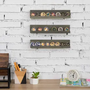 Wall Mounted Gray Wood Military Coin Holder and Casino Chip Display Shelf, Set of 3