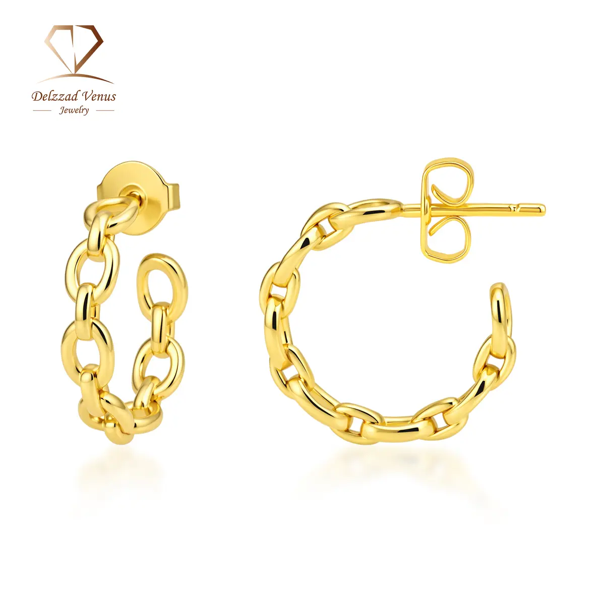 DELZZAD Link Earrings for Women, Golden Hand-Soldered Interlocking Chain Design, Casual Party Jewelry with Secure Closure, Engagement, Copper, Hoops, Anniversary, Chain Links, Daily Wear, Skin-Friendly, Interlocked