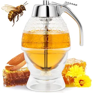 Honey Dispenser No Drip Glass 8 oz with Plastic Top, Beautiful Honeycomb Shaped Honey Jar with Stand - 6" Clear Container, Honey Pot, Maple Syrup Dispenser, Perfect Bee Decoration for Home Kitchen