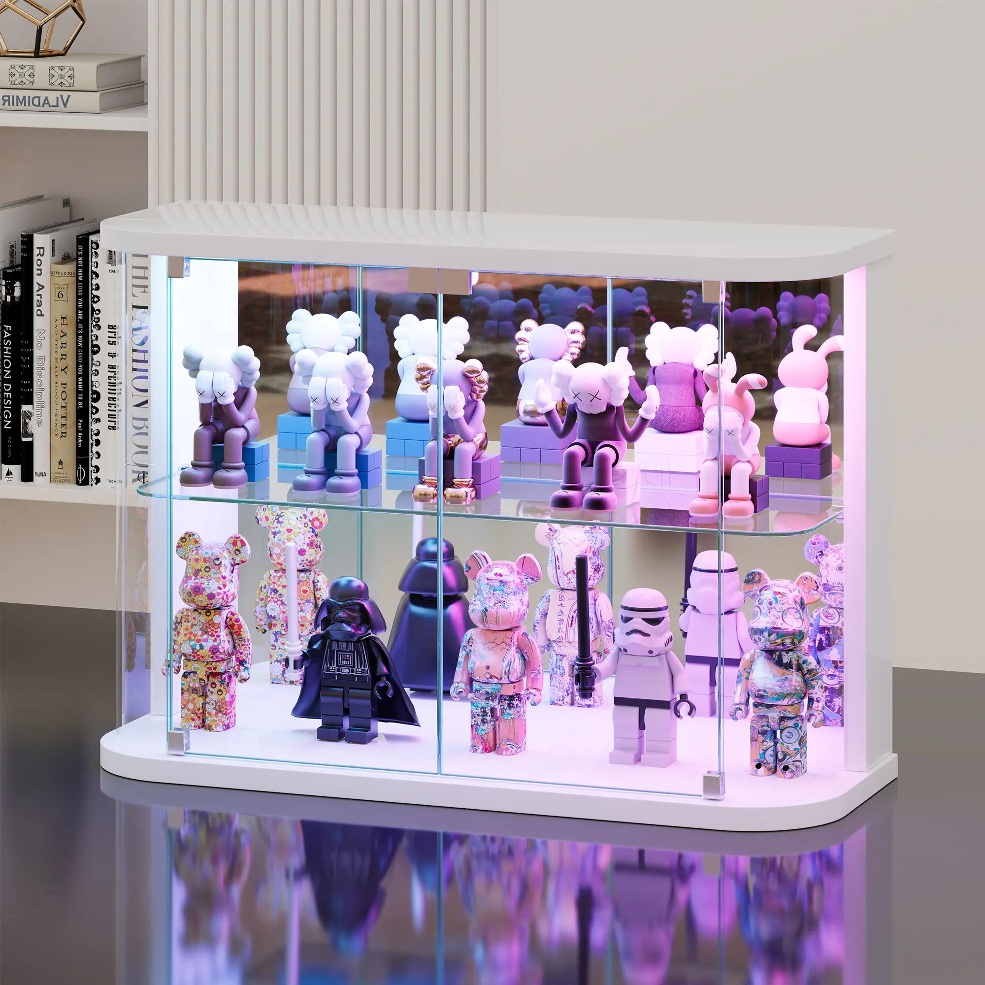 FREDEES 2-Tier Music Sync LED Display Cabinet, DIY Assembly Dustproof Model Storage Case for Desktop Decoration
