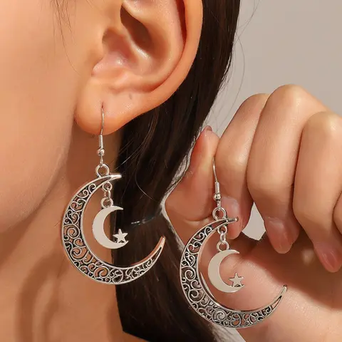 Women's Boho Style Star & Moon Design Dangle Earrings, Fashion Earring, Dangling Earrings, 1 Pair Trendy Vintage Dangle Earrings, Unique Design Earrings, Chic Gorgeous Jewelry Accessories As Gift for Girlfriend
