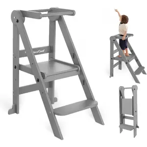 Foldable  Tower, 3 Adjustable Height  Standing Tower, Wooden  Kitchen Stool Helper with Safety Rails, Space Saving  Step Stool - Ages 18 Months to 6