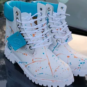 Brand New Custom Turquoise Splatter Boots Fashion White with Blue Accents and Orange Splashes