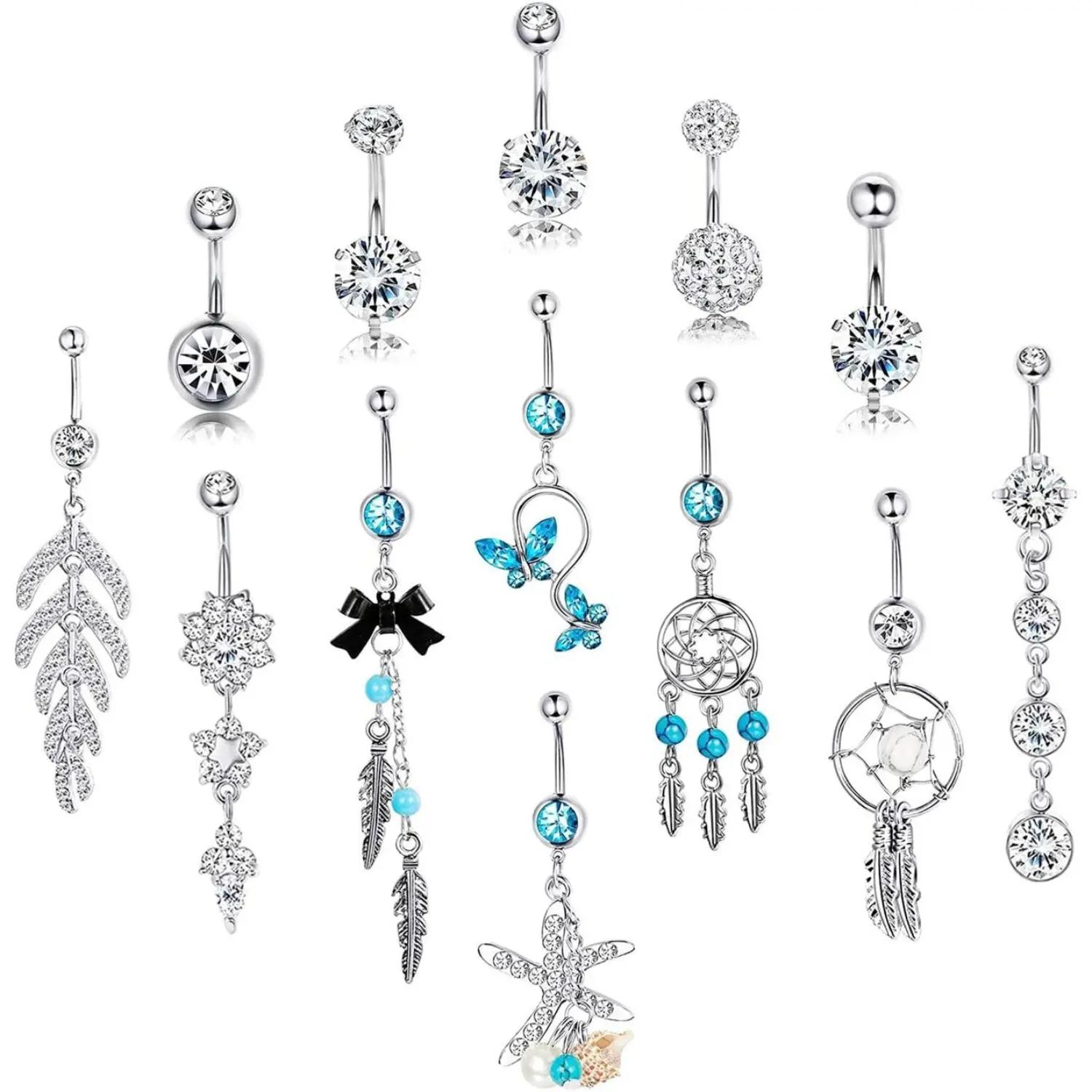 FUNRUN 13Pcs 14G Stainless Steel Belly Ring Set  Summer Beach Body Jewelry | Butterfly, Flower & Dangle Navel Rings Waterproof & Sensitive Skin Friendly