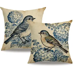 Blue Bird Pillow Covers 18x18 Inch Set of 2, Rustic Cottagecore Hydrangea Cushion Cases, Farmhouse Floral Bird Throw Pillow Covers for Sofa Bedroom Decor (Navy Blue)