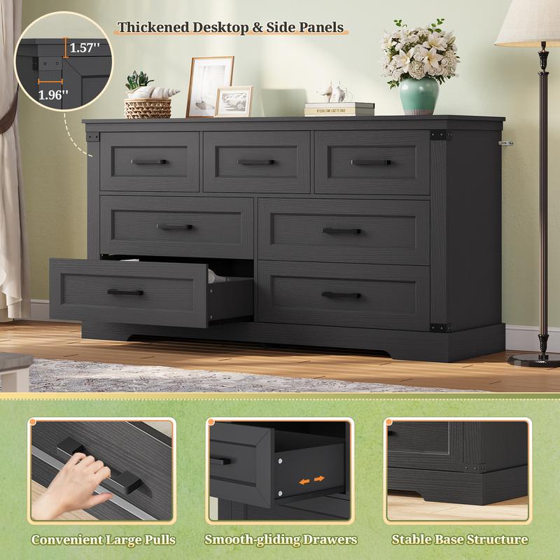 Hasuit Black Dresser for Bedroom, Wooden 55.1" Long Dressers Chest of Drawer, Farmhouse 7 Drawer Dresser with Thick Styling, Large Capacity Storage Cabinet Organizer, Wide Dressers for Bedroom Hallway