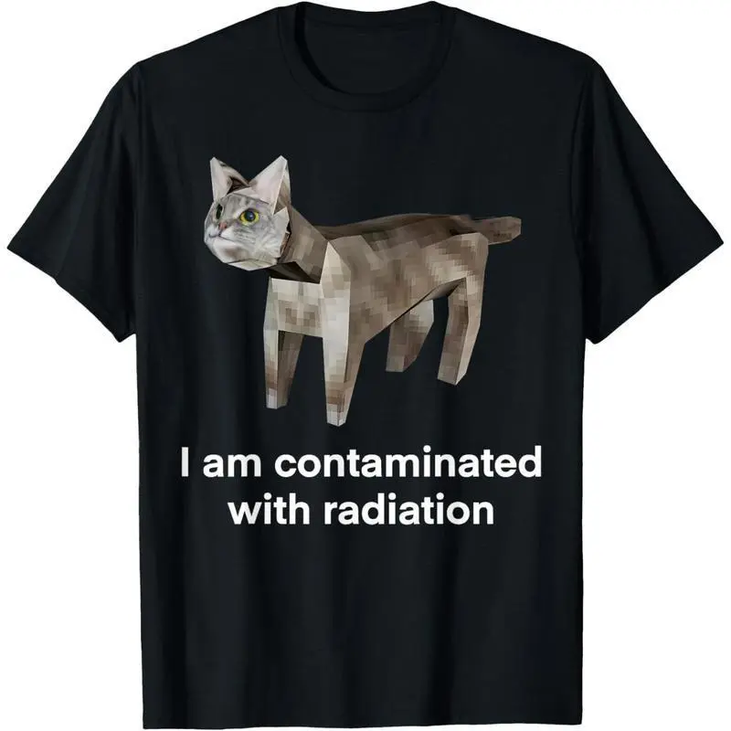 Men's Crew Neck Distressed Cotton T-Shirt - Cute Japanese Funny Ironic Cat Meme, Radiation-Contaminated Design, Fashion Casual Streetwear for Holiday Menswear Tops
