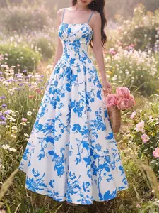 Women's Ditsy Floral Strap Dress, Slim-Fitting Waist Cinch, Versatile Date Night, French Romantic Style, Summer Beachwear