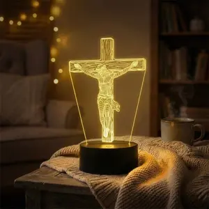 Jesus Cross 3D Night Light, Battery/USB Dual Powered, 6-Color Touch Ambient Lamp, Table Decor Light for Living Room & Bedroom