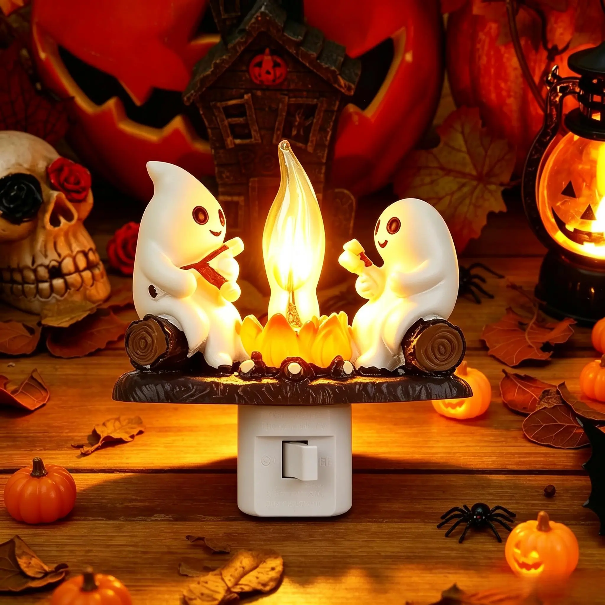 Ghost Campfire Flickering Night Light, Ghosts Campfire Flicker Flame Halloween Nightlight, 3D LED Campfire Night Light, Halloween Nightlight Indoor Figurine Lamps, Easter Basket Stuffers Fall Decor、Halloween Home Decor