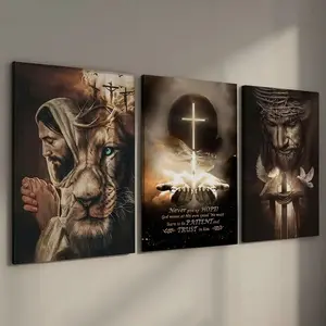 3 Counts Wood Framed Canvas Religious Wall Art, Ready To Hang, Salvation And God Series, Cross Art Bible Wall Decor, Religious Cross Print, Waterproof Canvas Wall Art, Artwork Wall Painting, Wall Picture for Home Decor