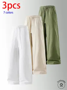 3-pack men’s pure cotton long pants: loose straight casual pants, sweatpants/joggers, featuring a drawstring waistband design. Available in multiple colors. Suitable for home lounging, daily commuting, outdoor walks, short trips, camping—versatile casual
