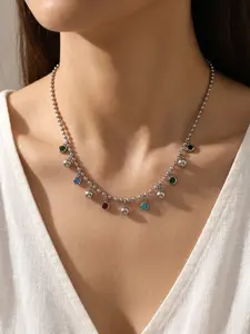 Y2K Beaded Stainless Steel Necklace, Multicolor Crystal Drop Choker