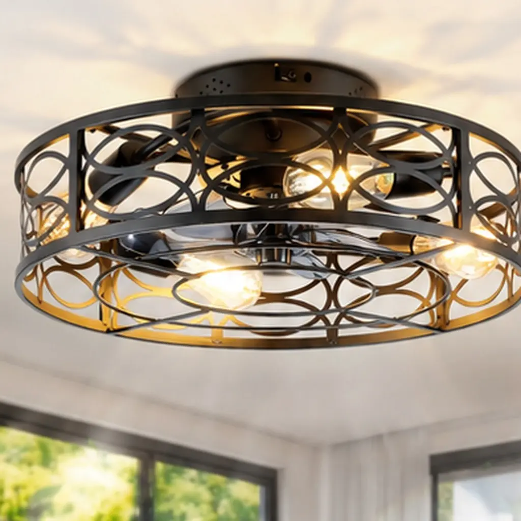 20 Inch Low Profile Caged Ceiling Fan with Remote Control, 6 Speeds Reversible DC Motor, Farmhouse Flush Mount Ceiling Fan Light Kit, for Bedroom Living Room Kitchen, Blush Gold/Bronze Options, Blush+Gold/Bronze Color Options