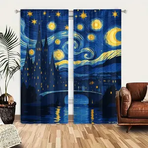 2pcs Window Curtains, Van Gogh-style "Starry Night" over a magical, Hogwarts-like castle. A bridge crosses water, reflecting golden lights. Dominated by deep blues and yellows.Window Drapes for Bedroom Living Room, Rod Pocket Window Treatment