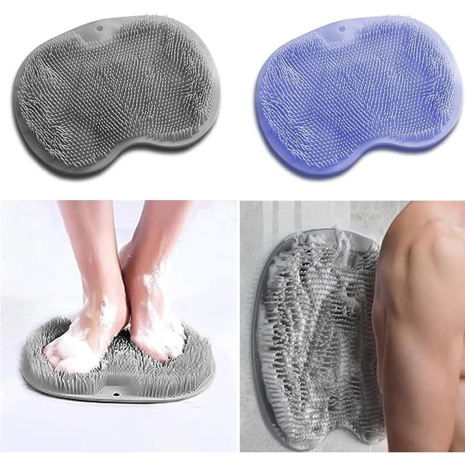 2 Pack Shower Back & Foot Scrubber, Wall Mounted Back Scrubber Silicone Bath Massage Cushion Brush with Suction Cups, Bathroom Wash Mat Exfoliating Dead Skin Brush (L-Blue Grey)