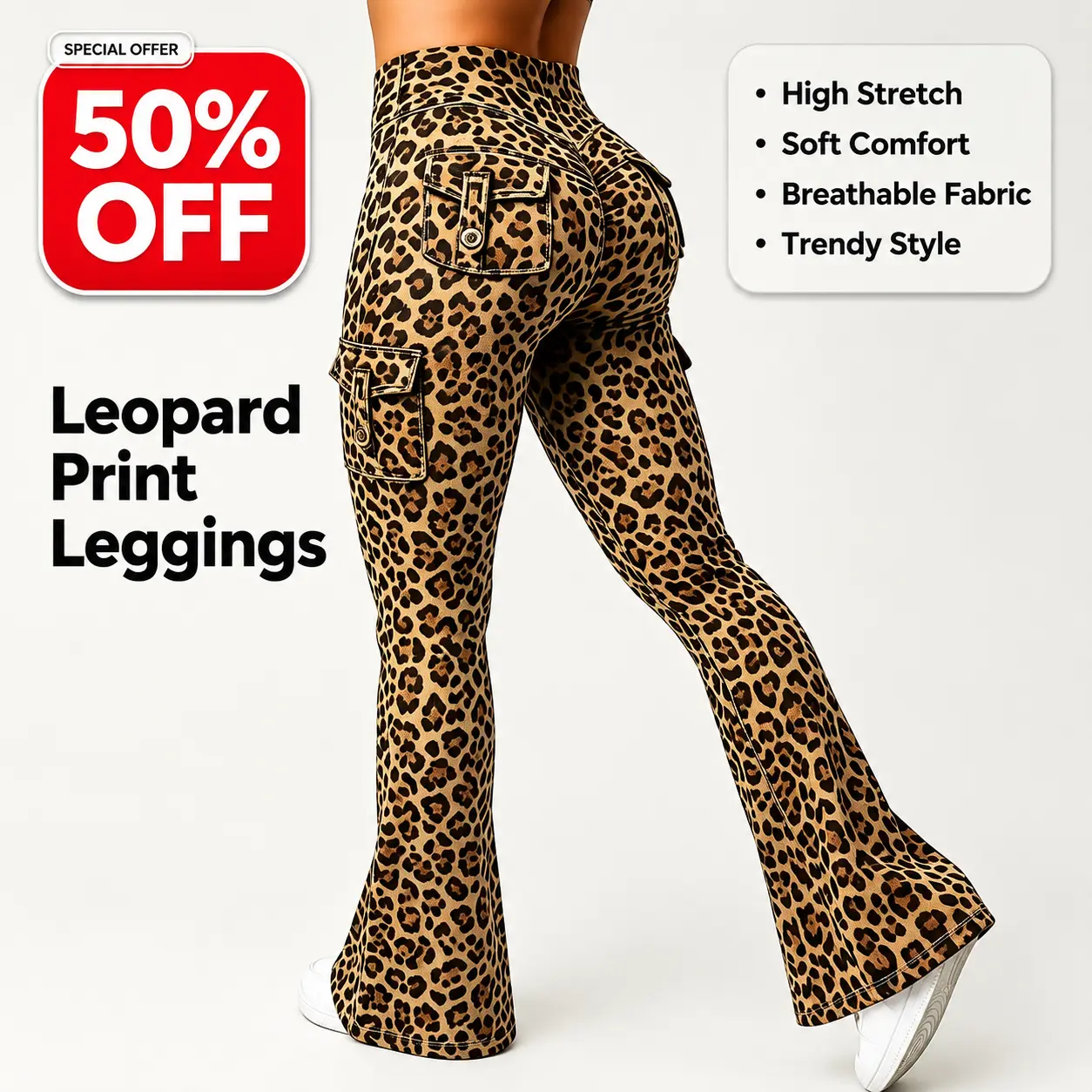 Women's Leopard Print High Waisted Cargo Flare Leggings with Hidden Pockets, Hidden Scrunch Butt Lift, No Front Seam Gym Yoga Workout Flared Joggers Fitness Sports Pants,80% Polyester 20% Spandex Trendy Summer Outfits