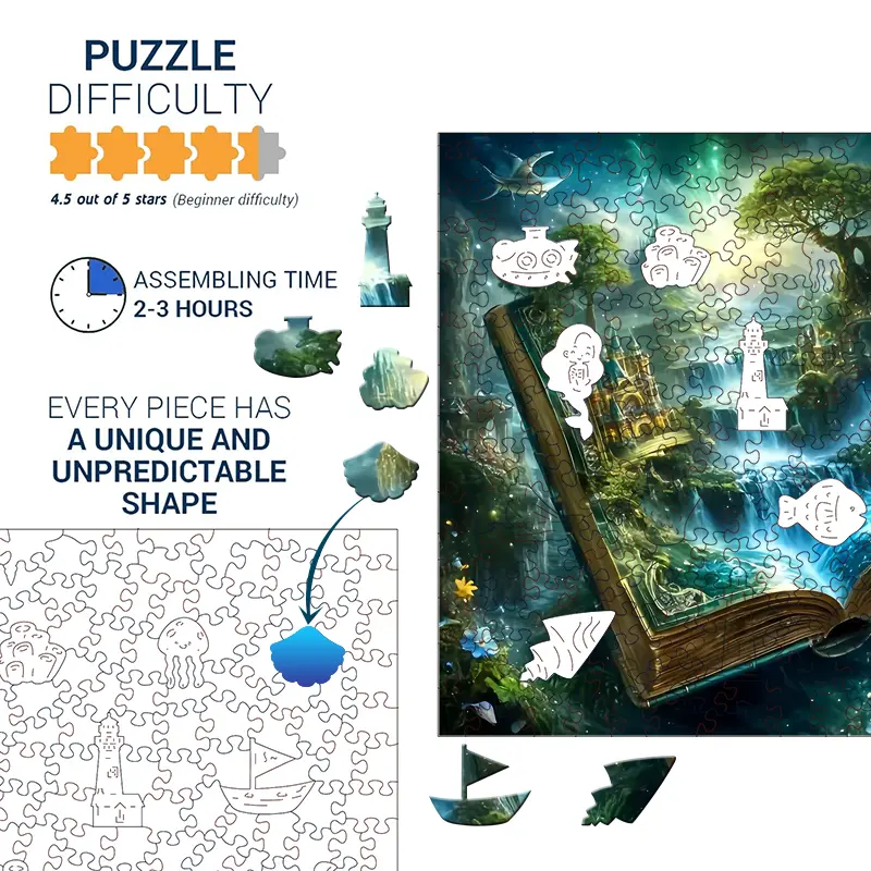 248-Piece Magical Forest of Books Wooden Jigsaw Puzzle for Adults, High-Difficulty Intellectual Toy with Wooden Pieces, Observation-Boosting Family Game, Exquisite Birthday Holiday Gift & Home Decor