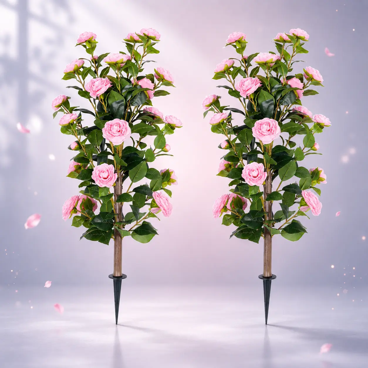 Artificial Camellia Flower Stakes, 2-Pack 35-In Realistic Pink Faux Shrubs, Weather-Resistant for Garden, Patio Outdoor Home Decor