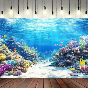2D Flat Banner, 1pc Ocean Coral Fish School Themed Background; Vivid Tropical Underwater World Scene Wall Cloth, Dreamy Blue Underwater Photography Decorative Screen Suitable for Party Wedding Photography Backdrop Canv