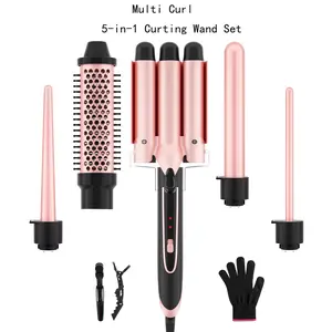 Heikki Vision 5 in 1 Curling Iron Set with 4 Interchangeable Ceramic Fast Heat, Wand Hair Crimper, Dual Voltage Hair Waver with Protective Glove & 2 Clips