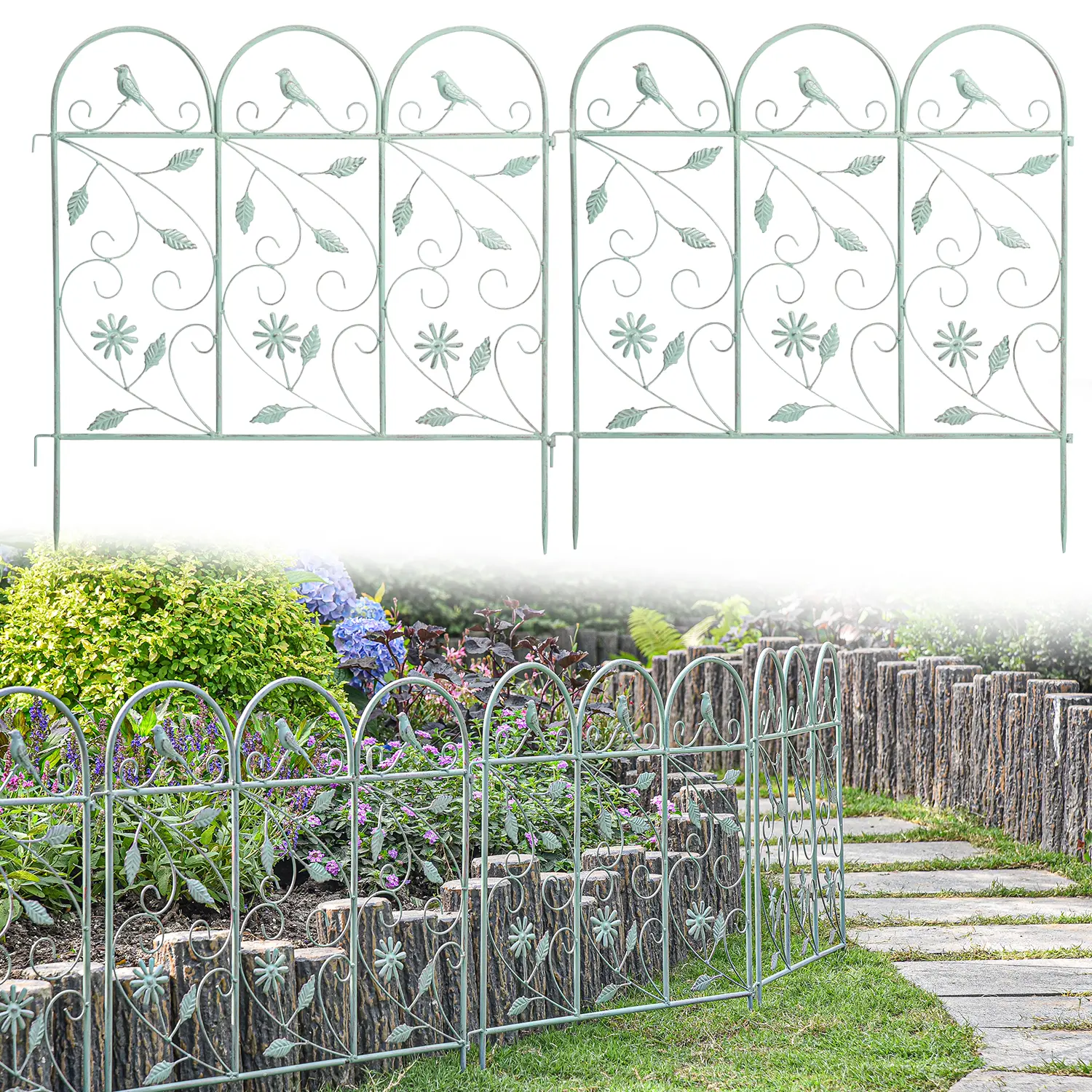 Sungmor 25in x 8ft Metal Garden Fence Border, Rustic Style Decorative Garden Fence Animal Barrier, Landscape Pathway Edge Iron Picket Fence Panels, Plant Support Climbing Trellis, Pack of 4