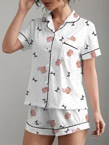 Women's Spring Summer Sleepwear Loungewear Set, Cute Capybara Bowknot Print, Comfortable Shirt Collar Short Sleeve Top & Loose Elastic Shorts