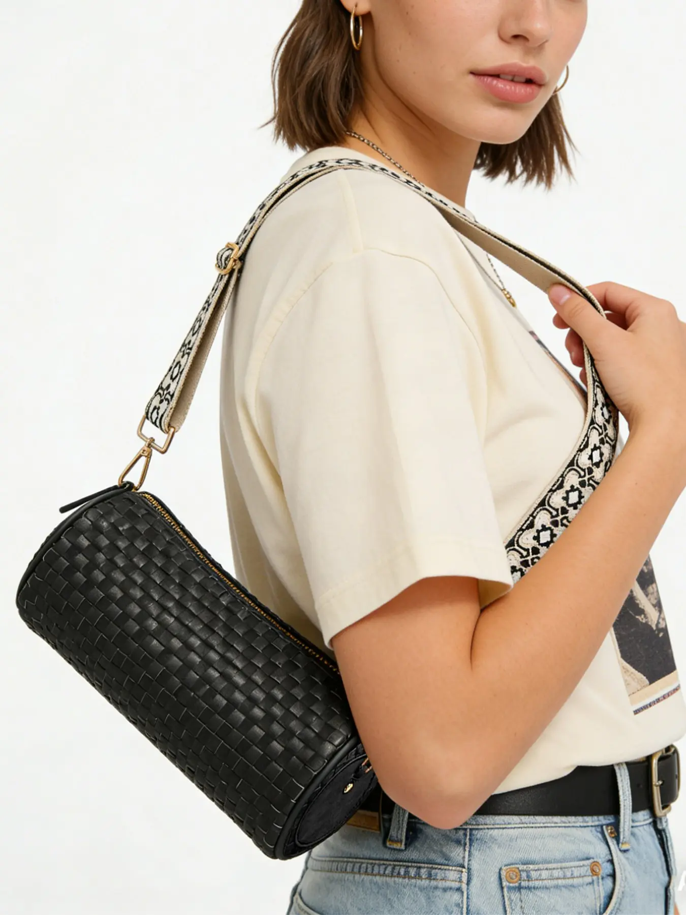 Women's Leather Woven Bag Cylinder Shape, Stylish Handbag for Daily Use, Perfect for Casual, High-Quality Material messenger bag lucy breaker pouches beaded ballerina bag sean brown curve tote tote bag tilt dooney and bourke bag ballerina bag