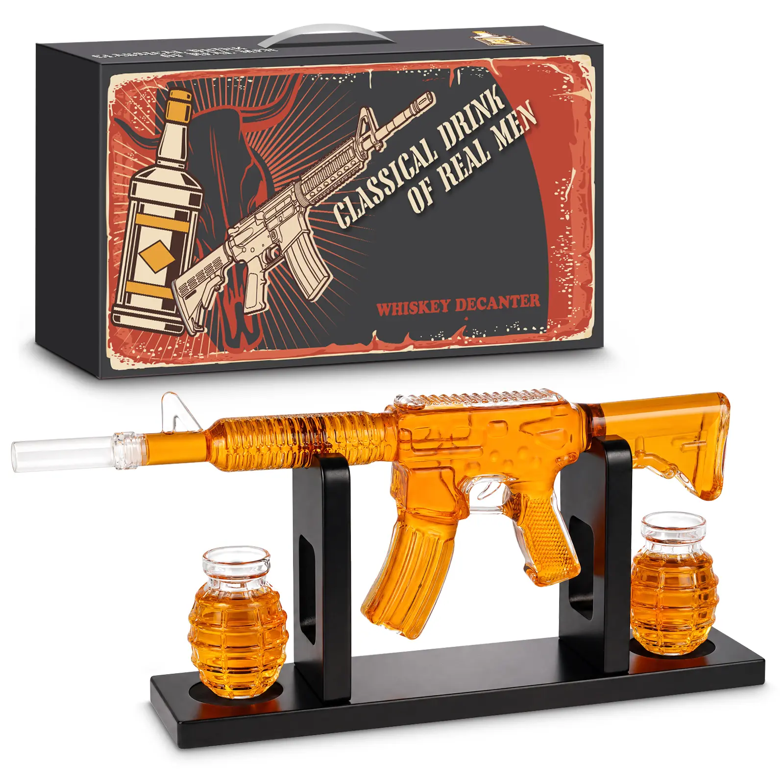 AR15 Whiskey Gun Decanter Set for Men – Glass Bourbon Dispenser with 2 Tumblers, Unique Birthday Aniversary Retirement Gift for Husband Dad Him, Cool Bar Accessories for Man Cave, Scotch Lover Present