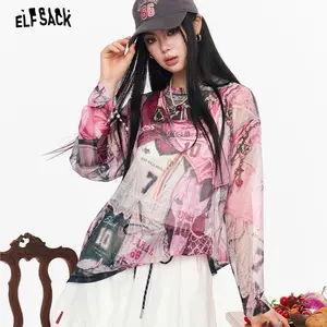 ELFSACK Mesh Long Sleeve T-shirt, Retro Jersey Print See-through Top, Cute Cat Patchwork Slim Tee for Women