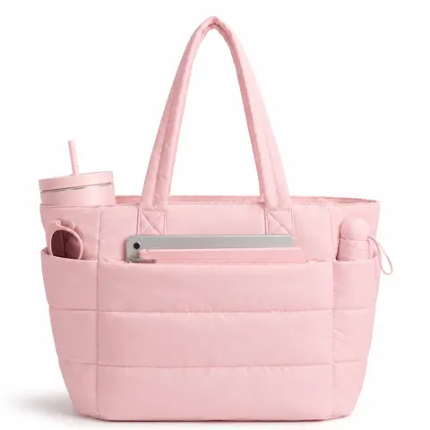 Fiveseasonhome 20L Puffy Quilted Tote Bag for Women, Lightweight Bubble Nylon Laptop Shoulder Bag with Built-In 40oz Cup Holder & Multiple Compartments, Large Work Travel College Commute Handbag Fits 15.6 Inch Laptop  tiktokshopbacktoschool, Quilted Puffe