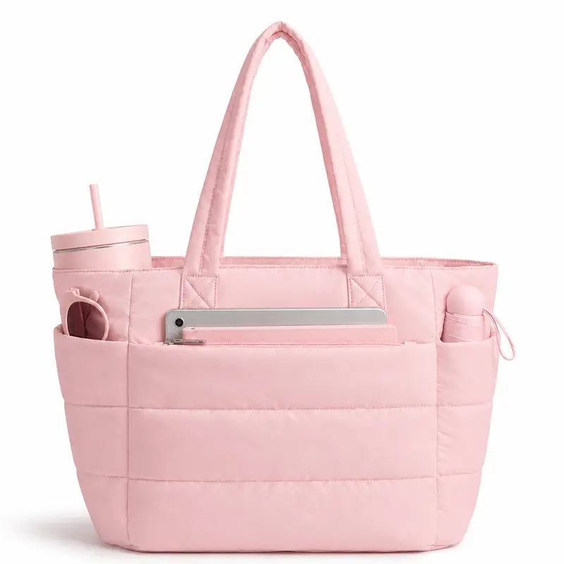 Fiveseasonhome 20L Puffy Quilted Tote Bag for Women, Lightweight Bubble Nylon Laptop Shoulder Bag with Built-In 40oz Cup Holder & Multiple Compartments, Large Work Travel College Commute Handbag Fits 15.6 Inch Laptop  tiktokshopbacktoschool, Quilted Puffe